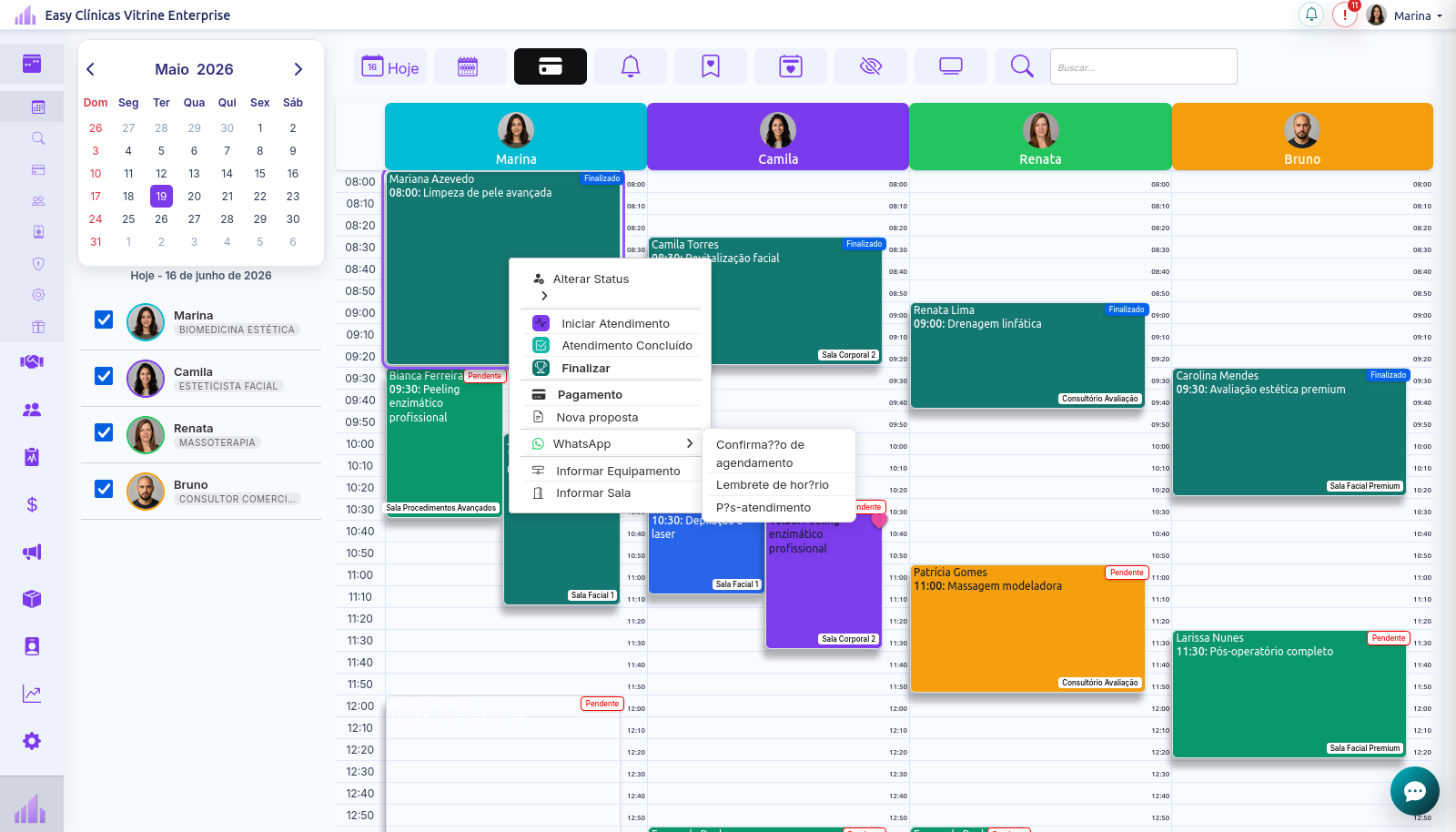 Submenu de mensagens WhatsApp da agenda