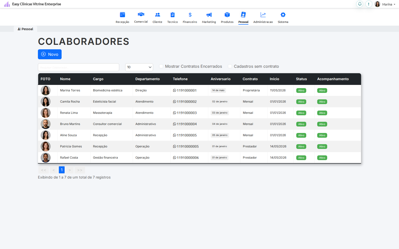 Cadastros administrativos do software para clínica de estética